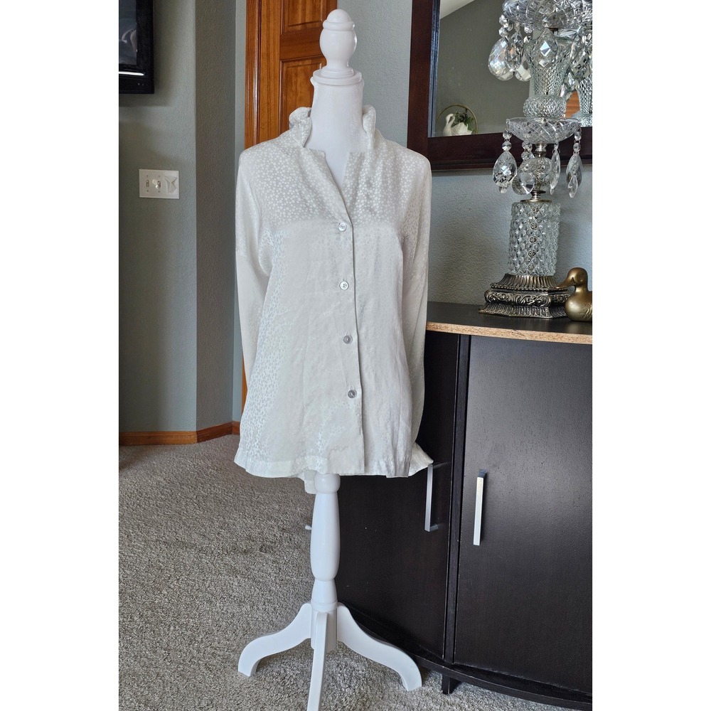 Vintage Christian Dior Ivory Bokeh Polka Dot Pajama Top Nightshirt Ruffle Collar